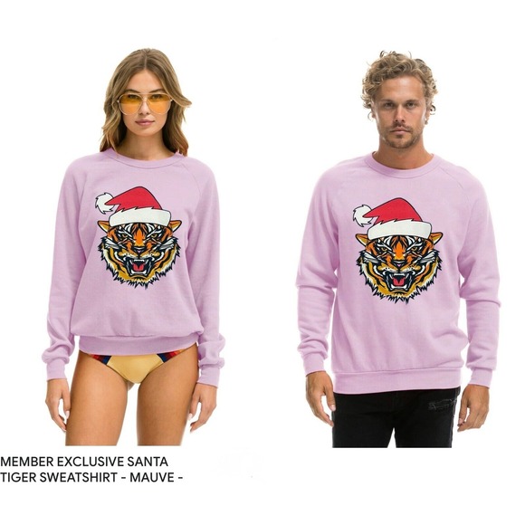 Aviator Nation Tiger Surfy Santa Unique Crew Sweatshirt Mauve Members‎ Only Sz S - Picture 1 of 7